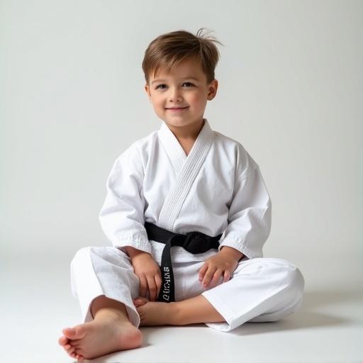 Boy seated in a karate outfit on a simple background with toes visible and spread apart.