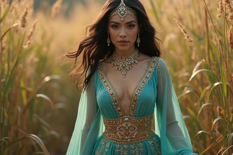 Tall dark-skinned woman walks through tall grass. She wears a turquoise Arabian princess-style outfit. Gold embroidery and sequins shine. She has shiny black hair. Her deep V-neckline top has gold trim. Bold jeweled headpiece adorns her. Expression shows delighted curiosity.