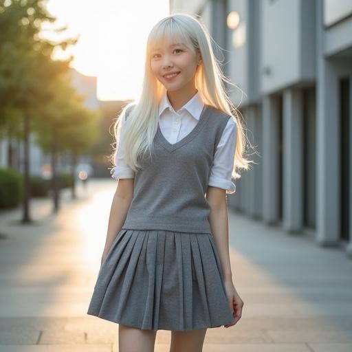 A woman stands outdoors in a university setting. She wears a grey sweater vest, white button down shirt, and grey pleated skirt. Her long white hair is illuminated by morning sunlight. She has green eyes and is smiling. Ankle boots and knee-high soft socks complete her outfit.