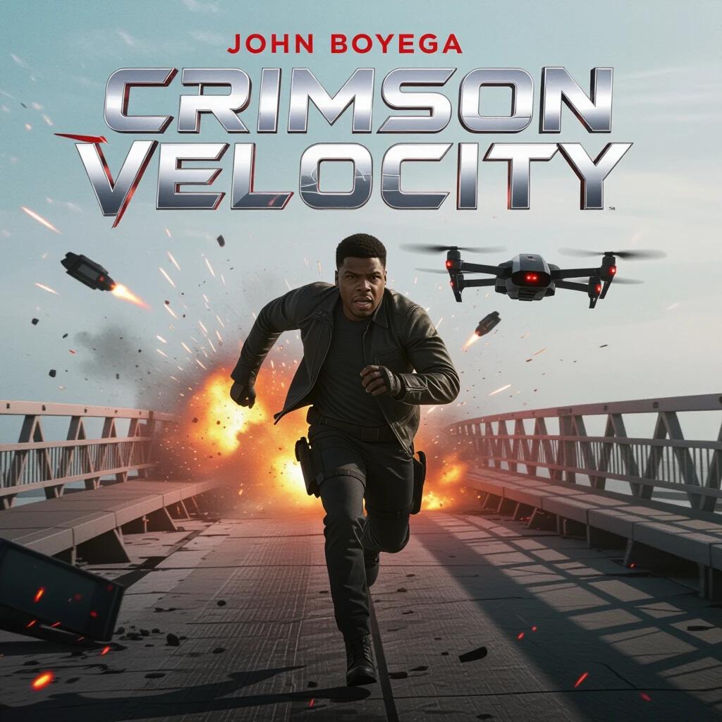 John Boyega runs at full speed across a collapsing bridge pursued by a black armored drone. Explosions flare behind him. Title in jagged chrome letters angled across debris. Harsh side light and crimson flare effects create a high-contrast image in super realistic style.