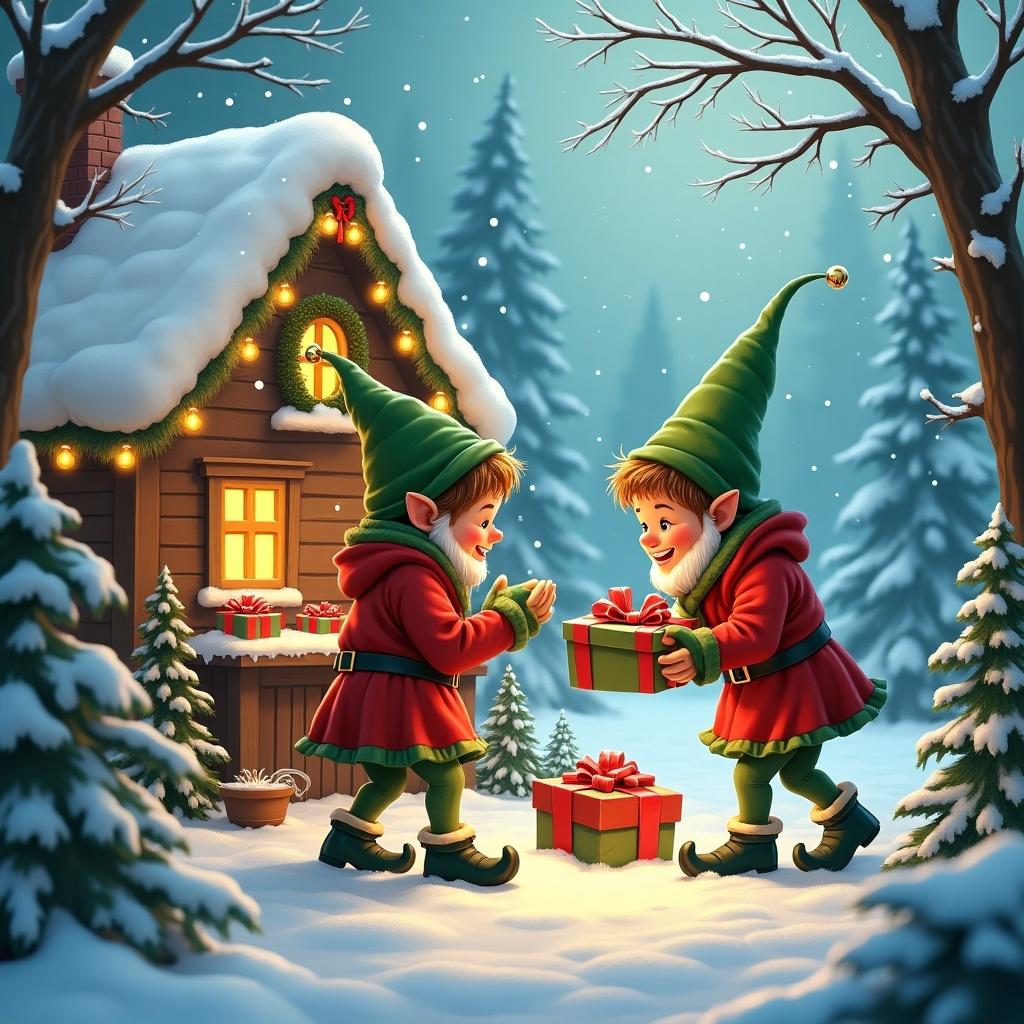 Two elves in festive clothing exchange gifts in a snowy landscape. Background features a cozy cabin with lights and Christmas trees. The scene has a magical, holiday atmosphere.