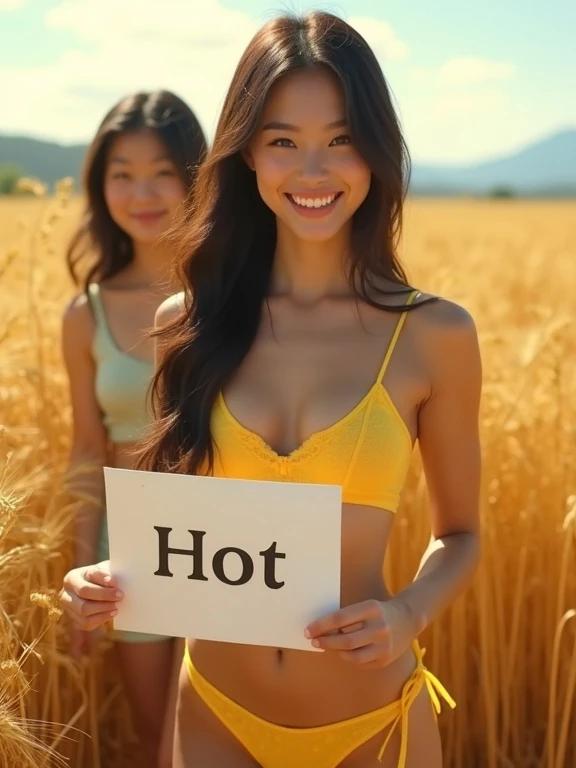 Mid shot shows a stunning smiling woman with long hair holding a sign that says Hot. She wears yellow lingerie. A second figure is visible behind her. Background reveals a golden wheat field and sunny sky.