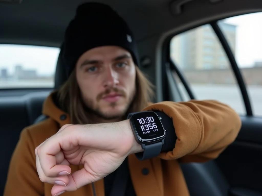 The image shows a person sitting in a car, wearing a brown jacket. The person's face is blurred, but they have a casual appearance with a black beanie on their head. They are holding their wrist out to display a digital watch. The watch has an LED display, showing various metrics, such as time and possibly heart rate. The background features the interior of the car and a building visible through the window. The setting appears to be a typical urban environment.