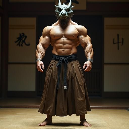Huge strong muscular bodybuilder with a dragon head wearing a brown aikido kilt and black belt. He is barechested with large pecs and muscular abdominal. Thick muscular feet standing barefoot in a traditional dojo. Cinematic film still with grain and color grading.