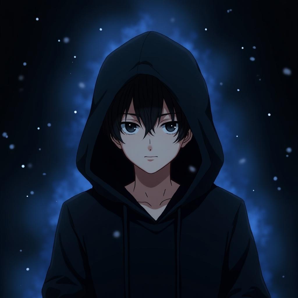 A black-haired boy wearing a black hoodie shows the upper body. Deep dark blue aura surrounds him. His eyes are black.