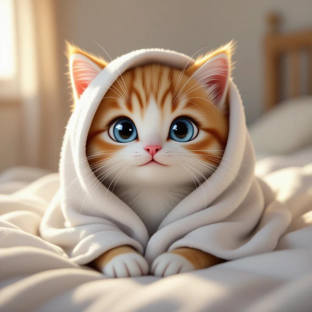 A cute orange kitten wrapped in a white towel is sitting calmly. The kitten has big shiny eyes and is blinking slowly. Soft natural light fills the cozy bedroom background. The fur appears realistic and detailed, creating a serene atmosphere.