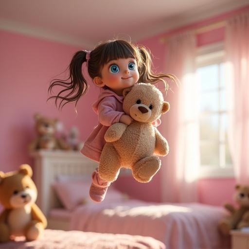 Girl with blue eyes holds teddy bear in bedroom. Pink room decorated with stuffed animals. Twin ponytails and bangs move in the wind. Girl floats near ceiling in zero gravity.