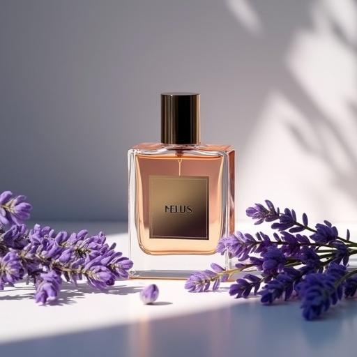 Perfume bottle placed on marble surface with soft shadows surrounded by lavender petals. Transparent bottle with minimalist black and gold label and a reflective metal cap. Blurred pastel background creating a luxurious atmosphere. Studio lighting emphasizes bottle curves and glass reflections. Fotorrealistic product photography focusing on textures and composition.