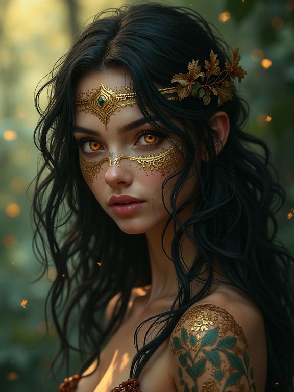Woman with long dark hair entwined with vines and leaves. She has intricate gold tribal face paint and glowing orange eyes. Set in a mysterious forest background with earthy tones. The art style is fantasy with dramatic and volumetric lighting. The composition features soft shadows and depth of field. The pose is dynamic and she looks directly at the viewer.