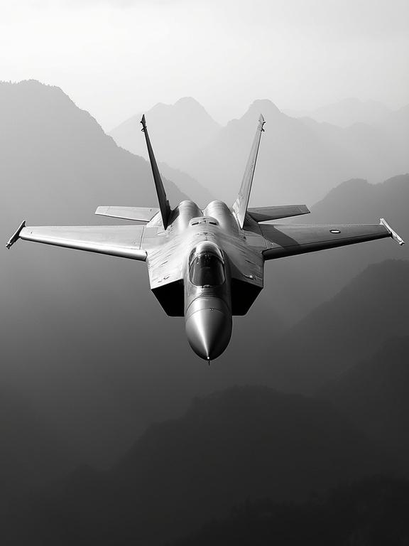 A F-15 Eagle jet soaring through a dramatic sky over mountains. Jet is in focus; foggy background has muted colors. Soft, diffused lighting creates a powerful atmosphere. Composition centers on the jet against mountains, capturing speed and agility in high contrast black and white.