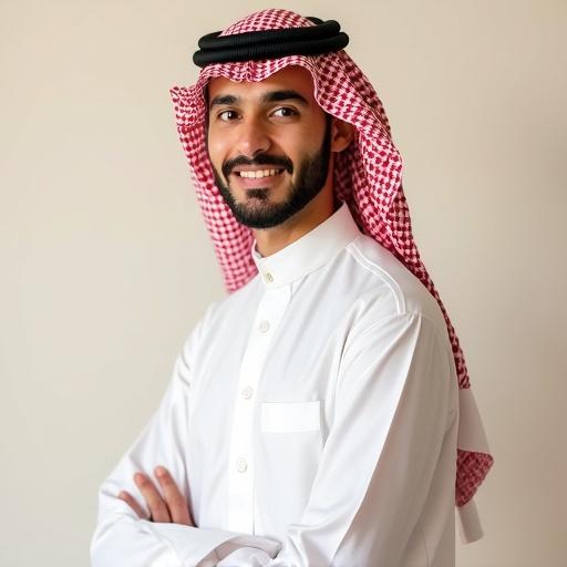 A full-body shot of a Saudi man in traditional clothing. He wears a white thobe and a red-checkered shemagh. The image is taken from a 45-degree angle. He has distinct features and a confident posture. The background is soft and minimal. The lighting is warm and enhances the texture of the fabric.