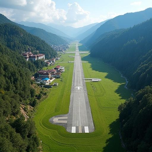 Aerial drone view of Paro Airport in Bhutan surrounded by mountains. The runway extends straight through lush green valleys. The setting features a stunning mountainous backdrop under a bright sky.