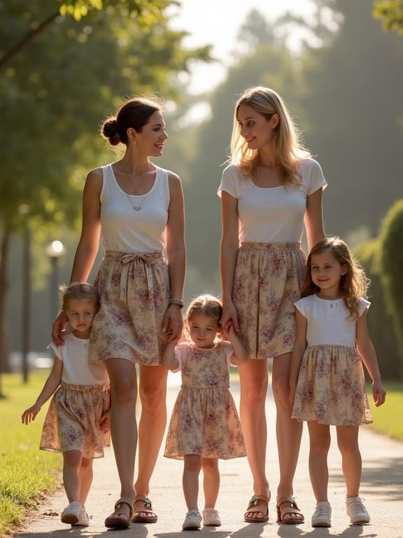 Family walking together in a park. Beautiful mother and daughters wearing matching outfits. Soft sunlight creates a warm atmosphere. They seem to be heading to pick someone up from school.