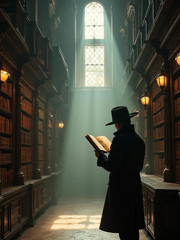 A Belle Époque library with tall bookshelves and ornate details. Light streams through windows creating dust motes. A figure in a dark coat studies a book with unusual symbols. Classic chiaroscuro lighting with light and shadow contrasts.