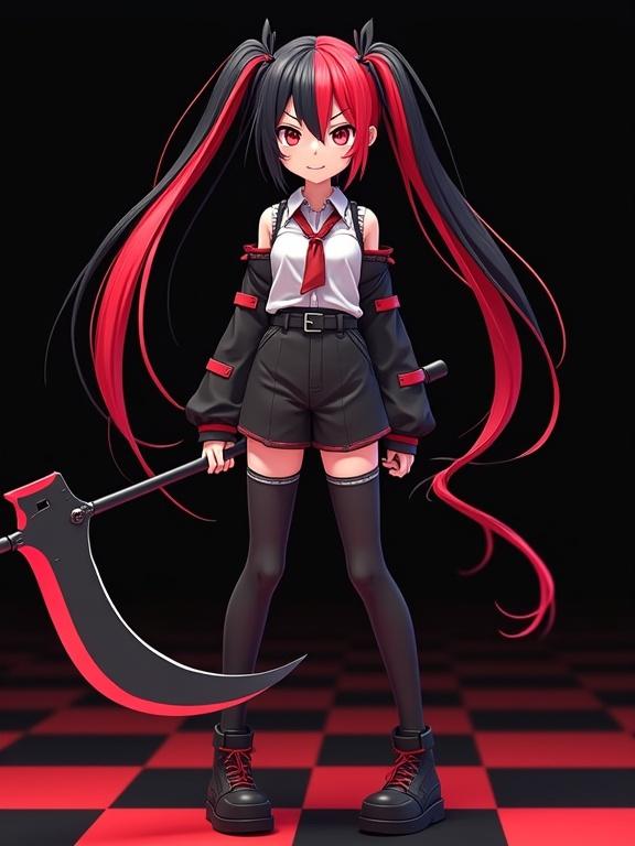 Anime girl 167 cm tall with half-red half-black twin-tail hairstyle and scarlet eyes standing confidently. Wears warrior-style black clothing and holds a big black scythe. Background is black with a chess grid floor. Face is expressive with a sarcastic smile.
