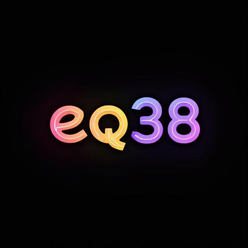Logo design featuring letters eqo38. Thick letters with rainbow colors. Black background. Diagonal lines at 30 degrees. Modern and colorful logo style.