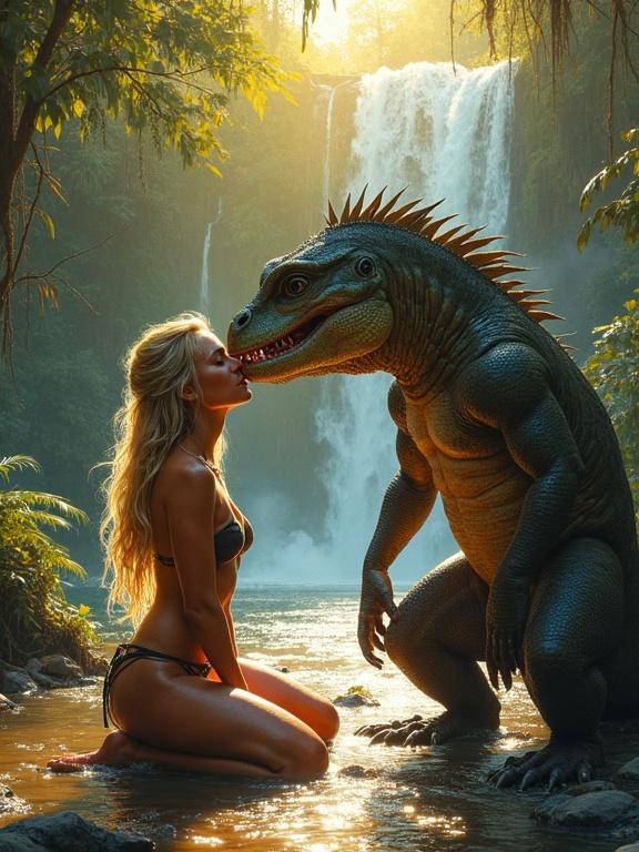 Close up of a blonde jungle warrior woman kneeling by a stream with a giant lizard-like creature. She shows affection, stroking its tongue. Warm sunlight shines through the jungle. Waterfall in the background, vivid colors create a cinematic look.