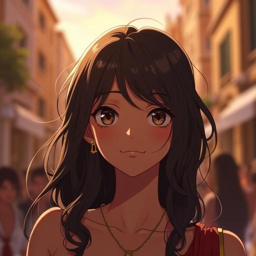 Close-up perspective of a young European female character set against a vibrant scene of an ancient Greek city filled with people during the evening. Stylish anime illustration with playful details.