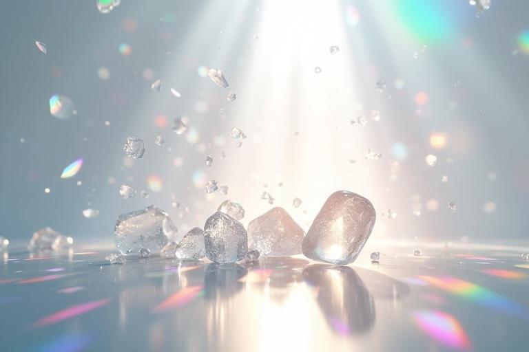 Dynamic scene featuring a white light ray passing through scattered broken prism glass on a light surface. Vibrant colorful spectrum appears. Subtle bias in light intensity creates a dreamlike ambiance. Light gray background highlights the prismatic burst with reflections across the surface. View from top.