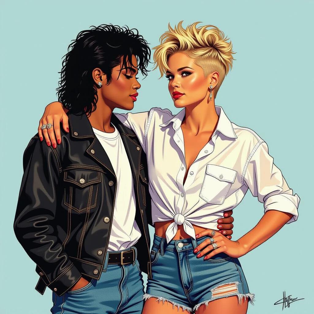 Portrait of actress Jodie Foster and pop icon Michael Jackson. Jodie wears a white shirt knotted at the waist and ripped denim shorts. She is confidently gazing at Michael. Short shaved hair on one side and crew cut on the other. Comic-style with bold outlines and bright colors.