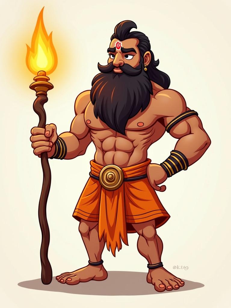 Cartoon character inspired by Hanuman. Character has a muscular build and long beard. He holds a glowing staff. Dressed in traditional orange dhoti. Simple background highlights character's presence.