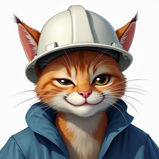 A semi-realistic cat with a mischievous smirk, turning head slightly, wearing a white hard hat and blue work jacket.
