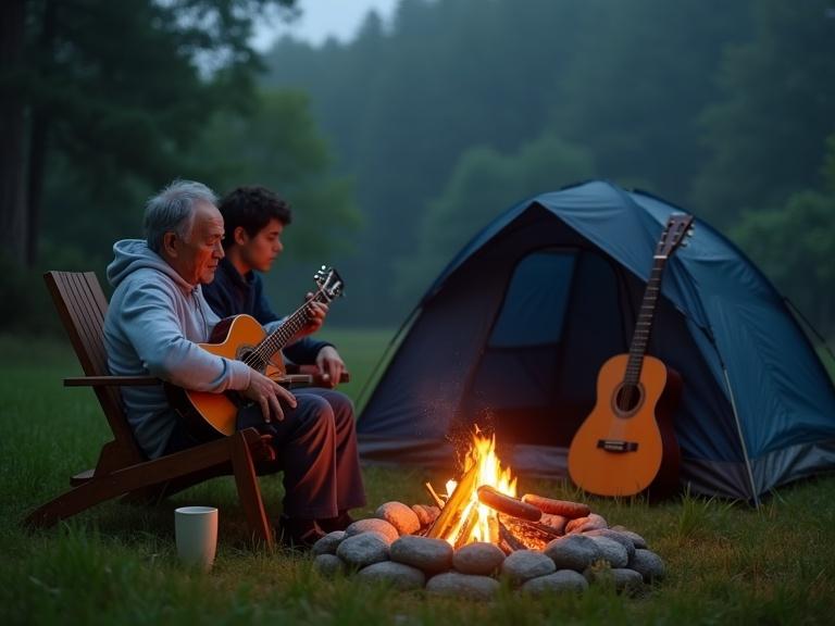 Serene camping scene set in a grassy clearing. Small campfire made of arranged stones glows warmly. Man in his 50s plays guitar, singing and relaxing with another man. They sit on wooden chairs. Beige mug on the grass. Dark blue tent nearby. Acoustic guitar propped against tent. Firelight reflects on guitar surface. Lush grass around them