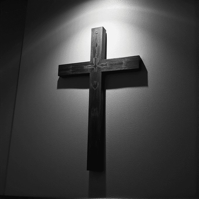 A monochromatic depiction of a figure on a cross in a dimly lit environment.