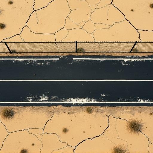 Top-down view of cracked desert ground. Damaged horizontal road in the middle. Black road with white lines. Chain-link fence at the top of the scene.
