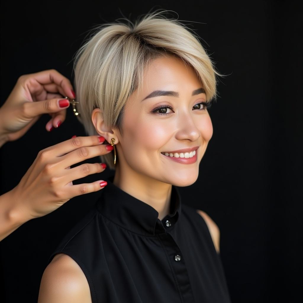 Asian woman with short pixie wig styled by African American stylist in upscale photo studio. Hair color ashe blond with brown roots. Stylist has French tip nails. Preparing for a photoshoot with vibrant colors. Hyper realistic details.