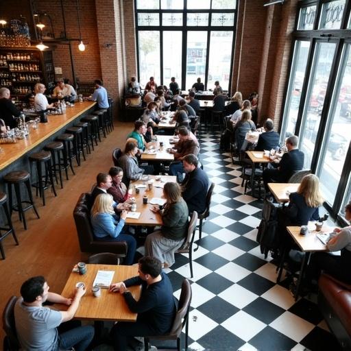 Photo depicts a bustling cafe scene from a high angle. Natural light illuminates the space with modern industrial style. Brick walls and large floor-to-ceiling windows create an inviting atmosphere. The black and white checkered floor is prominent. People are seated and standing, engaging in conversation. Wooden tables and chairs are scattered throughout, alongside a brown leather tufted couch. The bar area features high stools and shelves filled with bottles. A diverse crowd is present, with casual attire evident. Some individuals carry backpacks. Sunlight streams through windows, contributing to a relaxed environment. Coffee cups and plates are visible on tables, enhancing the cozy, vibrant setting. This candid moment captures the dynamic and welcoming ambiance of an urban cafe.