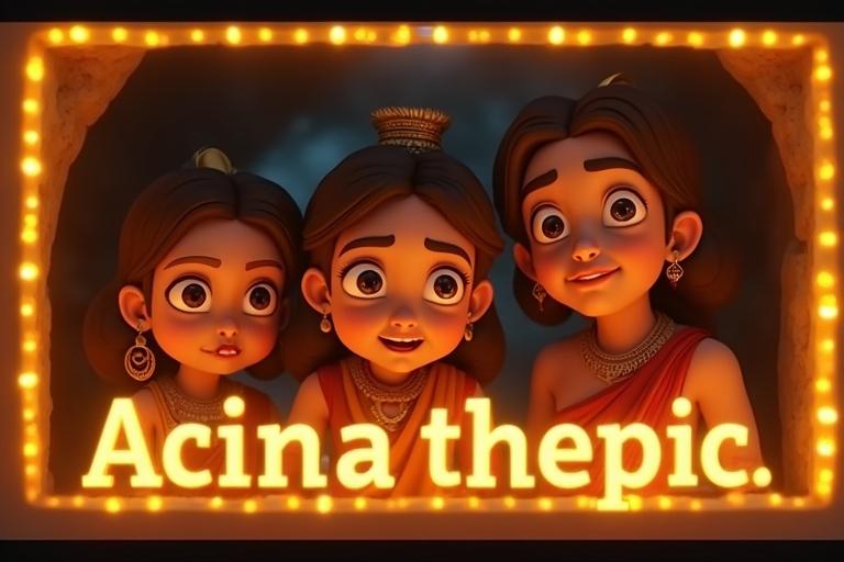 A flashback shot showing bonding moments of characters. Arjun is bonding with Agni. Meena joins them. They discover Mahabali's cave. The scene has a glowing yellow border. The title 'Watch Part 1 Now!' is in bold white text. Animation style is hyper-realistic and vibrant. Characters have expressive faces and exaggerated proportions.