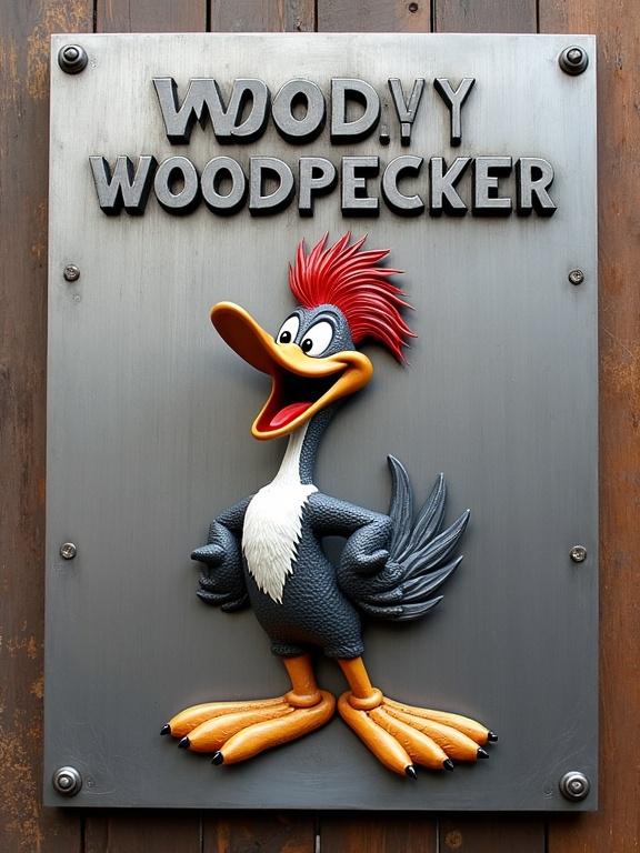 Engraved high-relief sign featuring Woody Woodpecker with vibrant red crest and joyful expression. Industrial-style lettering above the character. Polished steel background enhances 3D effect and metallic sheen.