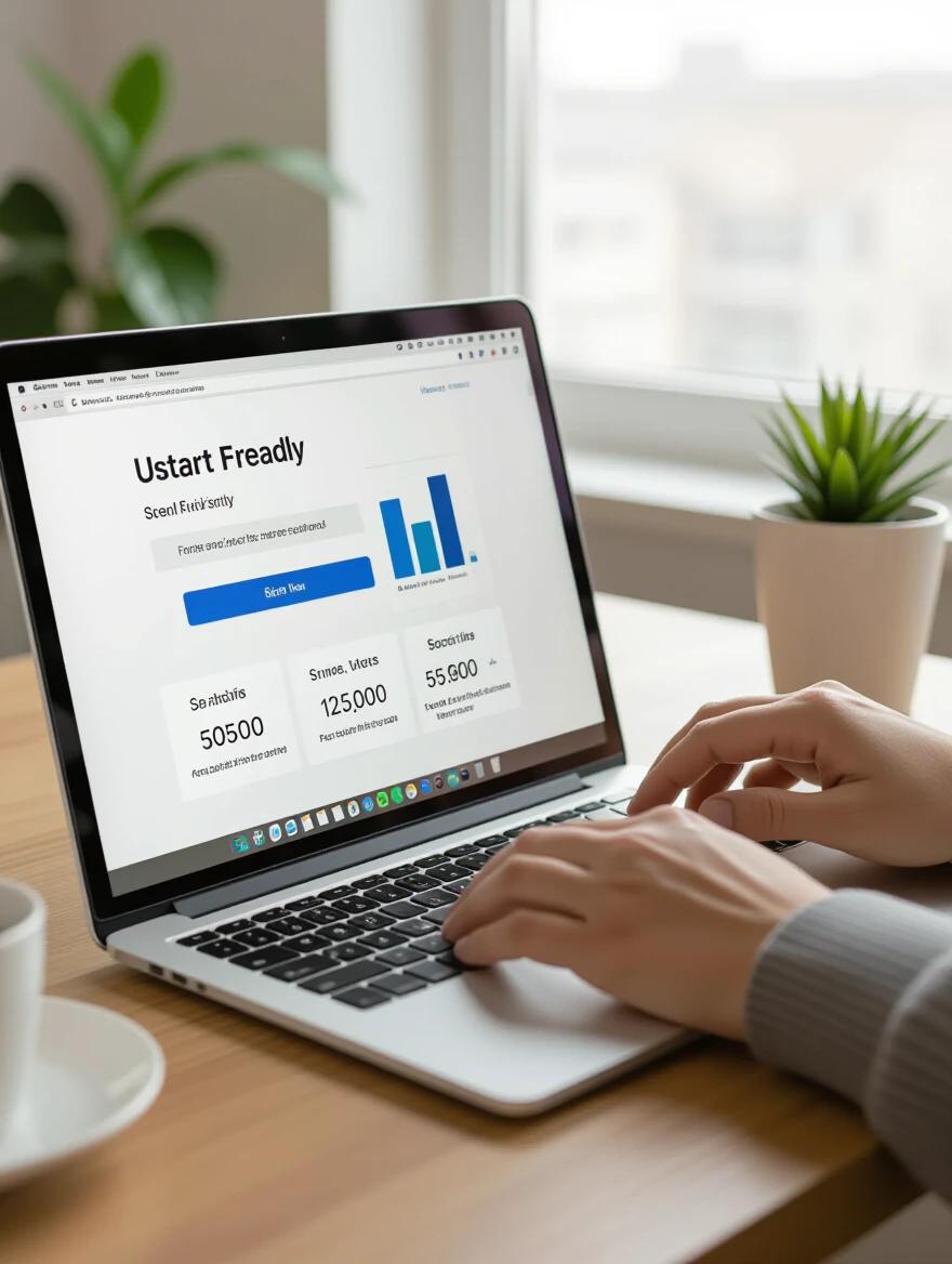Laptop screen displays a user-friendly interface. Hands typing on the keyboard. Natural desk lighting enhances scene. Photorealistic detail. Warm color grading. Focus on professional technology.