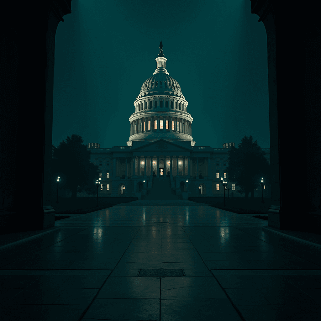 The U.S. Capitol building is lit up against a dark night sky with a glowing dome.