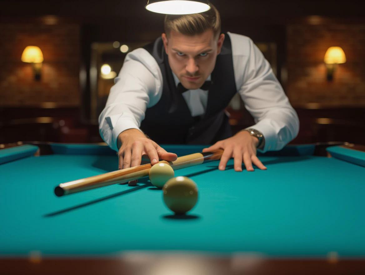 Close-up cinematic shot shows realistic human hands holding a pool cue in correct playing position. Aiming at the cue ball on a modern 8-ball pool table with deep blue felt. Accurate bridge hand resting on the table. Dominant hand grips the cue. Shot focused on hands and balls. Luxurious modern game room lighting with warm soft ambient glow. Clean composition with cinematic lens flares and shallow depth of field.