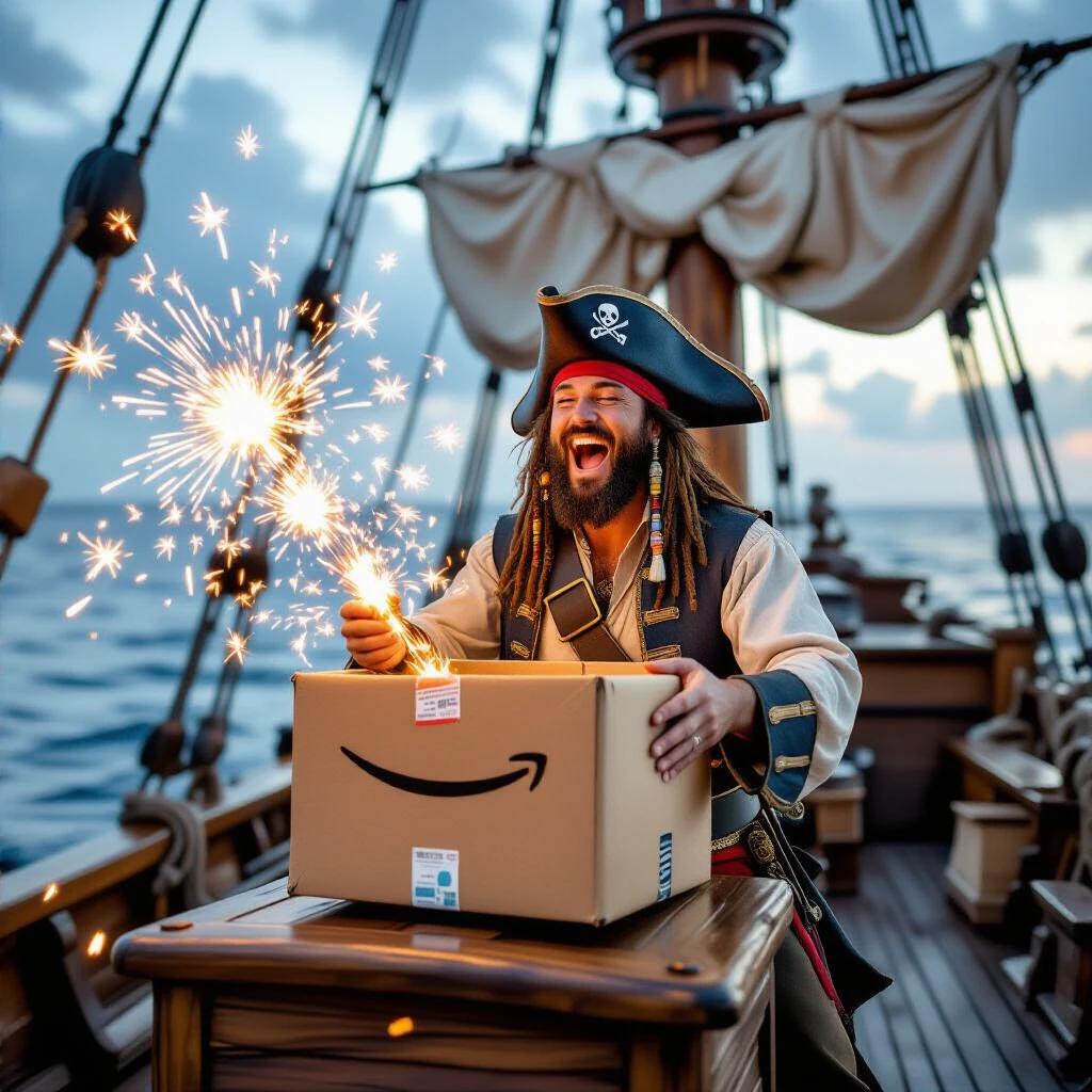 A pirate joyfully opens an Amazon box on a pirate ship. Fireworks burst from the box. The pirate has an excited expression. The scene is lighter with focus on branding space for a logo and slogan.