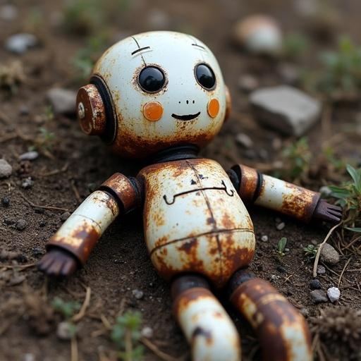 Rusty metal doll laying on the ground. Surroundings depict a dump setting. The doll appears broken with visible wear. Expresses a sense of abandonment. Conveys themes of nostalgia and decay.