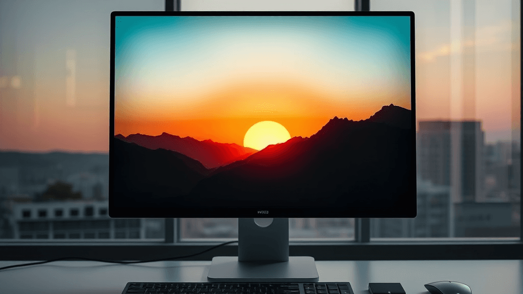 A computer monitor displays a vibrant sunset scene against the backdrop of an office setting.