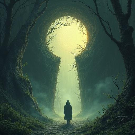 An enormous keyhole carved into a forest cliffside reveals a glowing labyrinth inside. Vines coil around the frame. A mysterious figure waits at the threshold. The image has an intriguing tone. Theme reflects layered symbolism.