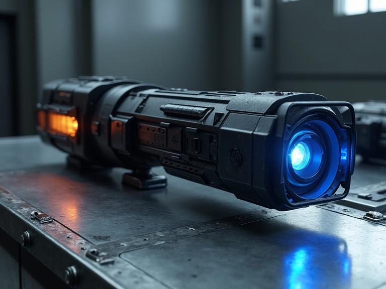A realistic depiction of a bulky, long military energy grenade launcher. Launcher designed with a black exterior on a silver metal table. Features a blue LED display, glowing cartridges, and intricate details. The scene is set in a dark grey metal room with spotlighting.