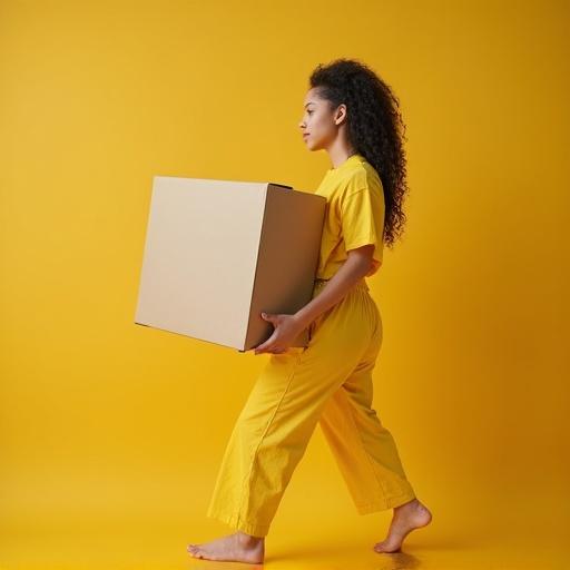 Young woman lifting a small heavy box. She wears a bright yellow summer outfit. The setting has a soft yellow background. The woman moves confidently and is barefoot. She has long, curly hair and a sense of purpose.