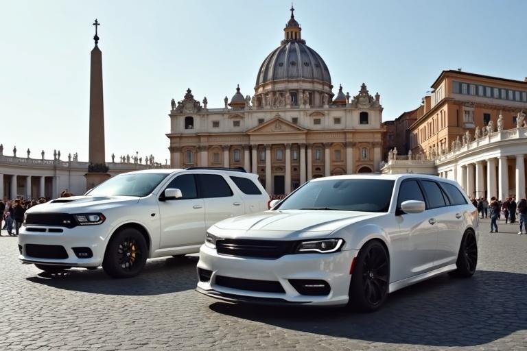 Image shows two white cars in St. Peter's Square. A Chrysler Voyager styled as a popemobile is beside a Challenger Hellcat. The architectural backdrop includes St. Peter's Basilica.