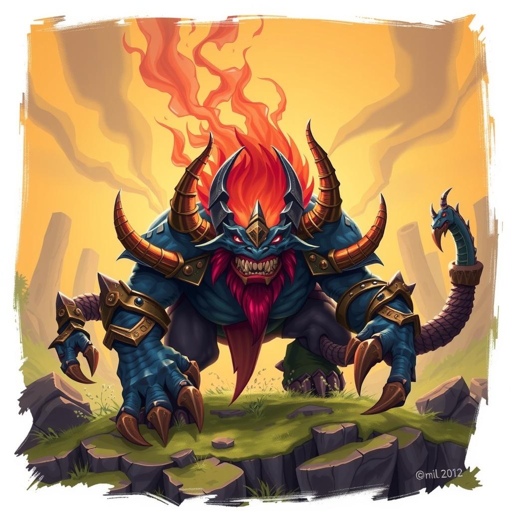 A menacing, multi-horned creature with flaming hair and a serpent tail dominates a rocky, grassy landscape under a golden sky.