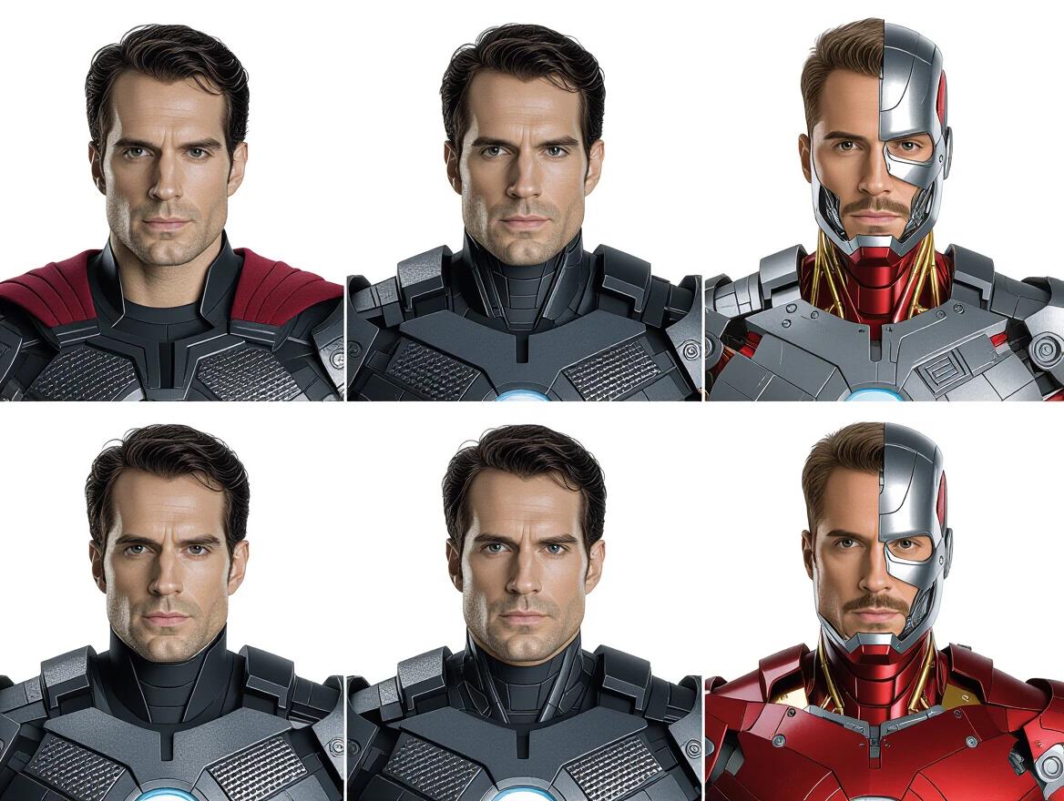 Images depict steps of a transformation. The character transforms from human to cyborg. Focusing on costume and armor details. Showcasing intricate designs and technological features. Man portrayed by Henry Cavill evolves into a cybernetic warrior. Process is visualized in sequential images.