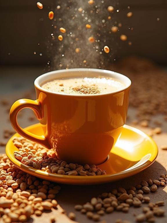 Cup of coffee with falling cereal and raisins on vibrant solid background