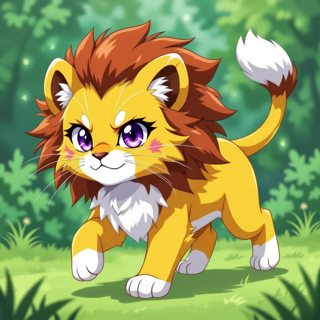 Create an electric cute anime lion bursting with energy. The lion has bright yellow fur, darker accents on ears and tail. Expression shows determination with striking purple eyes. Features spiky fur and a prominent white ruff. Tail is raised and slightly curved indicating curiosity. Head faces forward for alertness. Front left paw lifted to capture motion. Rear legs grounded for balance.