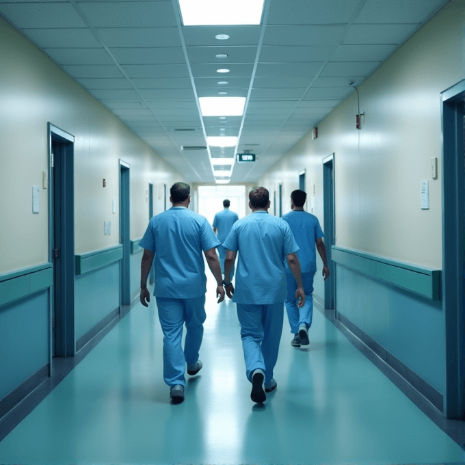 Four medical professionals in scrubs walk down a hospital corridor.