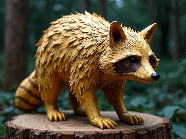 Paper mache sculpture crafted from layers of yellowed newspaper print. Raccoon figure made of paper mache set on a wooden stump in a forest. Close up view with dynamic moonlit lighting highlighting textured layers. Evokes styles of mixed media artists.