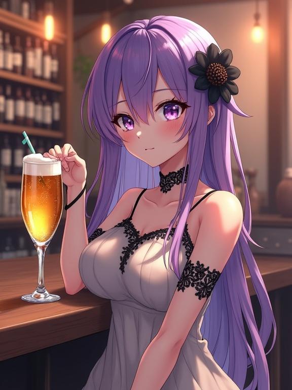 A semi-anime lady with long purple hair and purple eyes. Light-colored dress with black lace details. Sitting at a bar holding a beer with a straw. Black flower in hair. Warm inviting bar atmosphere with shelves of bottles. Soft lighting and highly detailed style.